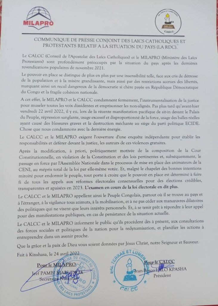 Le Conseil Apostolat des Laïcs Catholiques (CALCC) et le Ministère des Laïcs Protestants (MILAPRO) procèdent aux consultations des forces sociales et politiques de la nation pour la redynamisation et pour planifier les actions à entreprendre dans un avenir proche