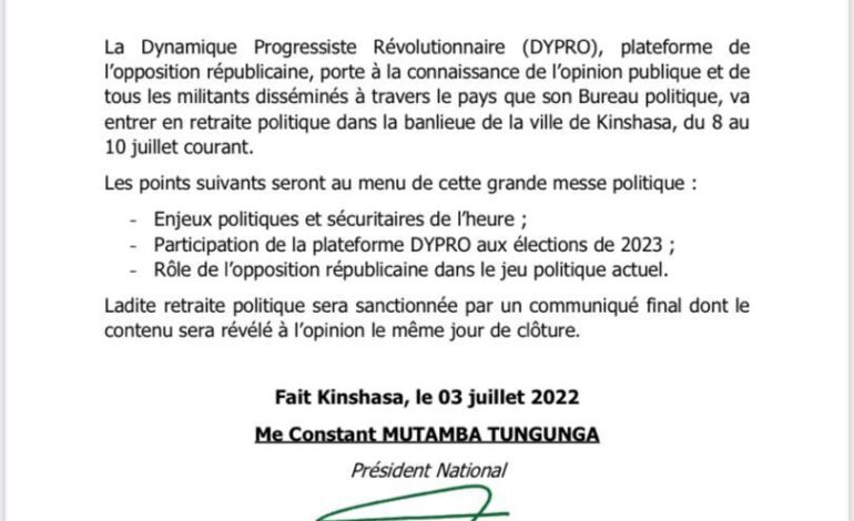  Politique/RDC : DYPRO annonce une retraite politique du 8 au 10 juillet à Kinshasa 