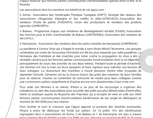  Appui financier aux femmes commerçantes transfrontalières de la RDC et Rwanda, L’ipeace s’honore ! ( Communiqué de Presse )