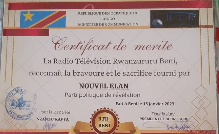  RDC : Pour ses activités politiques en faveur de la population, le Nouvel Élan certifié meilleur parti politique à Beni