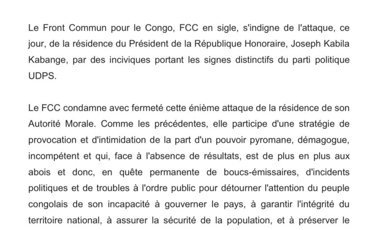  RDC : le FCC condamne avec fermeté l’attaque de la résidence de Joseph Kabila à Kinshasa ( communiqué )