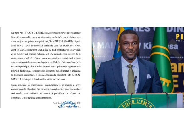  RDC : Piste pour l’Emergence exige la libération de Seth Kikuni [ communiqué ]