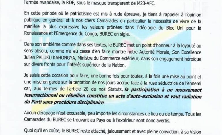  RDC : Le BUREC met en garde ses membres contre toute tentation de rébellion à l’Est du pays [Document]