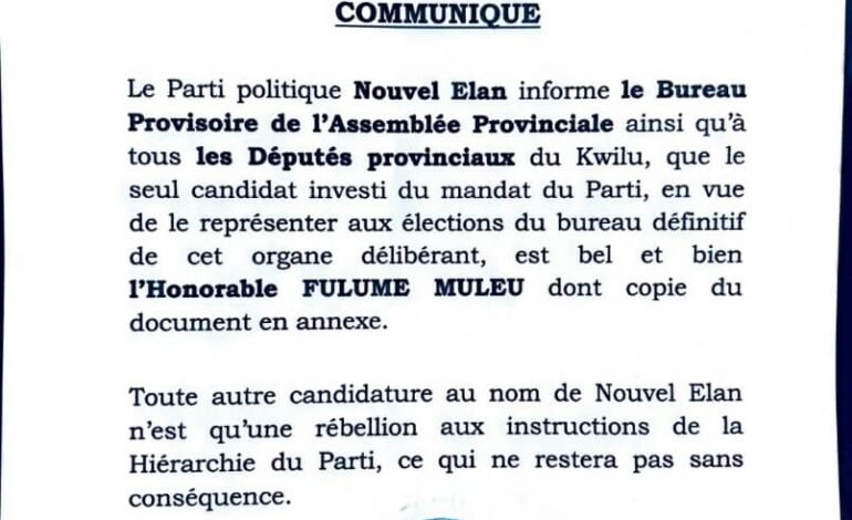 Kwilu – Élections à l’Assemblée Provinciale : Nouvel Élan mise sur Fulume Muleu