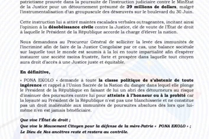 Détournement présumé de 39 millions $ : PONA EKOLO appelle à la levée des immunités de Constant Mutamba