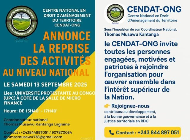 RDC : le CENDAT-ONG relance ses activités nationales à l’UPC ce 13 septembre