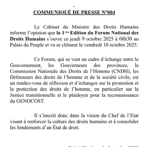 Kinshasa accueille le 1er Forum National des Droits Humains : un tournant vers une justice plus équitable et la reconnaissance du GENOCOST